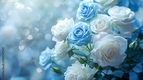 Artificial elegance beautiful colorful blossom rose flowers bouquet. Close up white and blue rose flowers bouquet for Valentine or wedding background and wallpaper. 