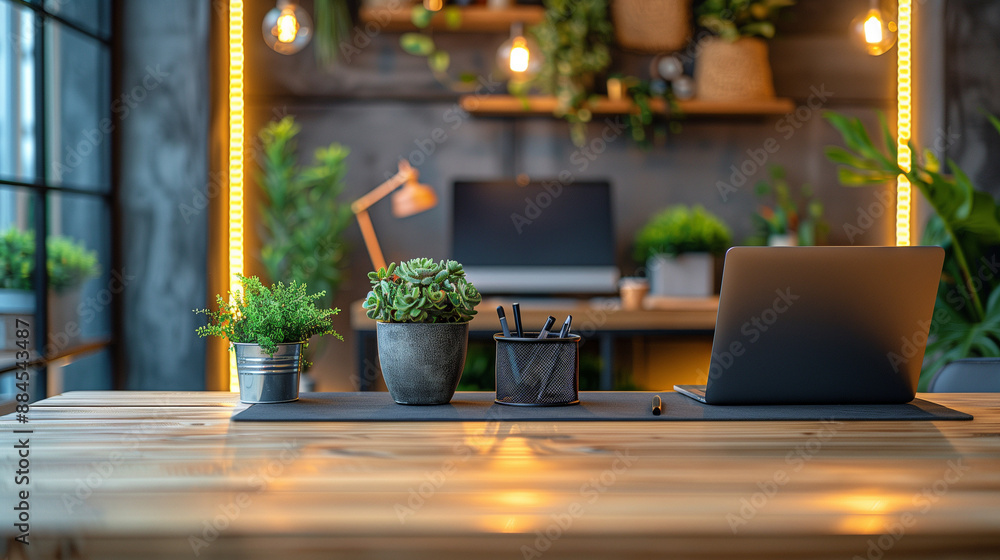 Modern Home Office with Wooden Desk, Green Plants & Warm Lighting