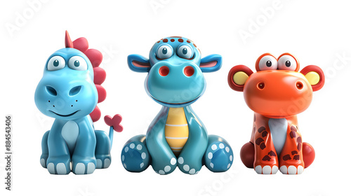 cutout set of 3 cartoon animal toys characters isolated on transparent png background