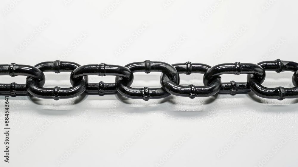 Fototapeta premium Isolated black metal chain on textured white background with linked for fastening objects empty space