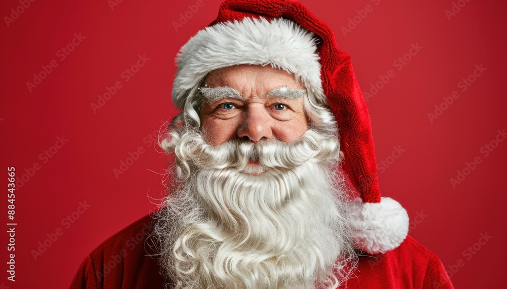 Smiling Santa Claus Wearing A Red Suit And Hat Against A Red Background Smiling Santa Claus Wearing A Red Suit And Hat Against A Red Background
