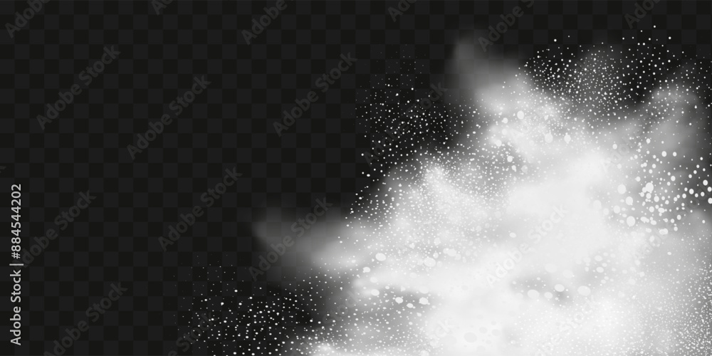 Obraz premium A realistic set of white clouds of flour, sugar, washing powder. An explosion of snow dust in the air. A splash of ice crystals in a white blizzard cloud.