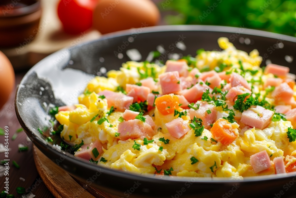Breakfast cuisine, scrambled eggs with ham and seasonings Breakfast cuisine, scrambled eggs with ham and seasonings