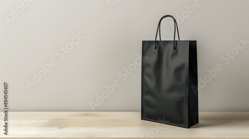 mockup black paper bag, on a beige wooden table clean white background, Ai generated Images