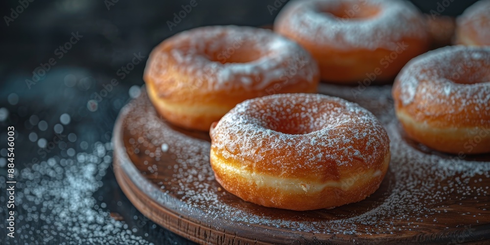 Freshly made donuts being sprinkled with powdered sugar, creating a delicious and sweet treat. Freshly made donuts being sprinkled with powdered sugar, creating a delicious and sweet treat.
