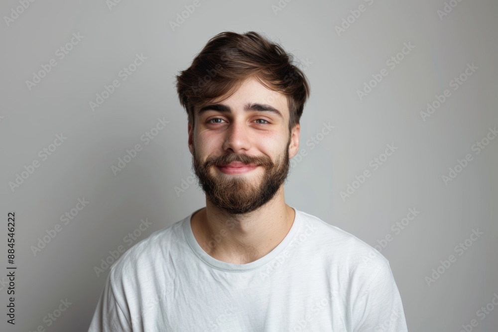 close-up of a charming, cheerful young man. Happy men isolated in a studio photo against a gray background. Man with a beard and a contemporary haircut modeling his face close-up of a charming, cheerful young man. Happy men isolated in a studio photo against a gray background. Man with a beard and a contemporary haircut modeling his face