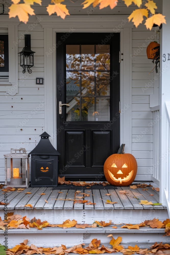 Obraz premium Cozy front porch decorated for Halloween with a carved Jack-o'-lantern, lanterns, and autumn leaves, creating a festive and welcoming atmosphere..