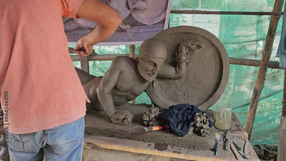 Masterful Indian Sculptor Crafts Clay Sculpture with Precision and Artistry.Sculpting Mythological Greek art called Dying warrior (Fallen Trojan warrior, Laomedon, King of Troy) Sculpture. Masterful Indian Sculptor Crafts Clay Sculpture with Precision and Artistry.Sculpting Mythological Greek art called Dying warrior (Fallen Trojan warrior, Laomedon, King of Troy) Sculpture.