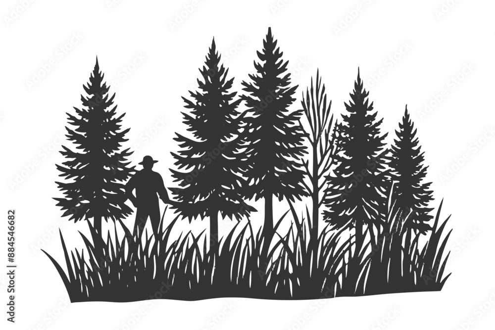 Obraz premium Hunter and Grasses silhouette on a white background