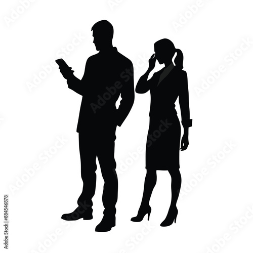 business man and woman engaged in conversation silhouette, isolated white background 