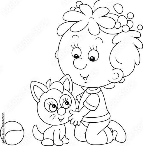Cute little girl and her kitten merrily playing, black and white outline vector cartoon illustration for a coloring book