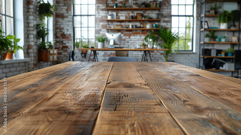 Rustic Industrial Office with Large Wooden Table Desk & Green Plants Rustic Industrial Office with Large Wooden Table Desk & Green Plants