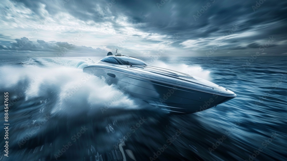 Big boat in motion on the water top view. Luxury speedboat with people moving fast on dark blue water making a white trail behind the boat, aerial view. Big boat in motion on the water top view. Luxury speedboat with people moving fast on dark blue water making a white trail behind the boat, aerial view.