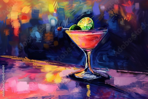 Vibrant digital painting of a colorful abstract cocktail illustration in a modern cityscape art scene with creative urban nightlife, and a mix of fruit garnishes in a trendy barware style
