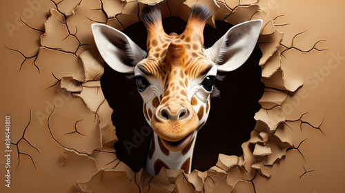 Cute  3d giraffe peeking out of a hole in brown color cracked wall.