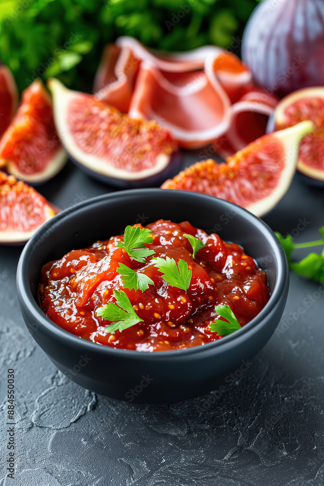 Gourmet Fig Jam in a Black Bowl with Fresh Figs and Prosciutto Gourmet Fig Jam in a Black Bowl with Fresh Figs and Prosciutto