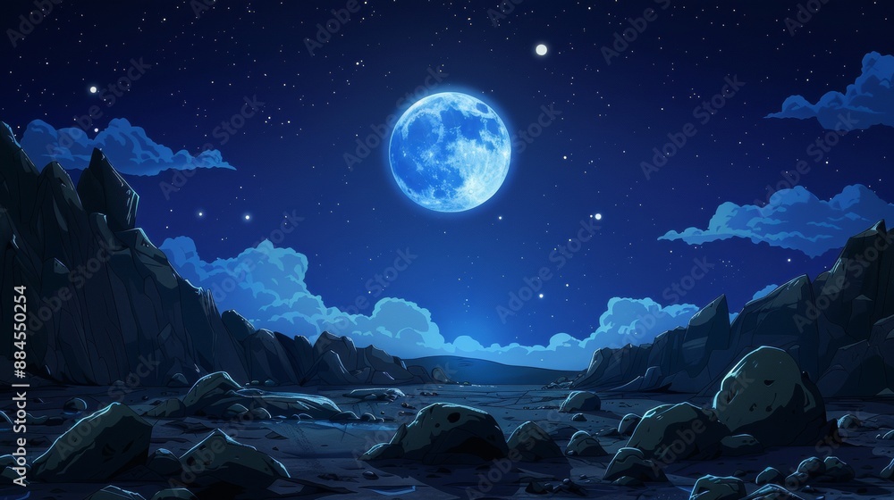 Icon of a full moon in the night sky in an anime style. In the darkness