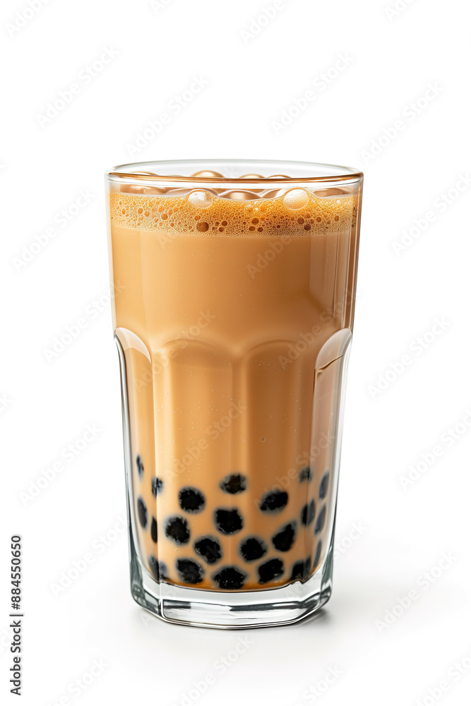Creamy and Frothy Bubble Tea with Tapioca Pearls in a Glass Creamy and Frothy Bubble Tea with Tapioca Pearls in a Glass