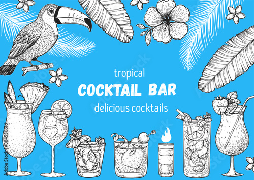 Alcoholic cocktails frame. Hand drawn vector illustration. Tropical Cocktails sketch set. Engraved style.