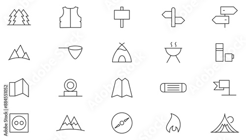 Camping line icon set. Travel, outdoor, campfire, hiking, camp trailer, tourism and local tour outline icon collection. UI thin outline icon set.
