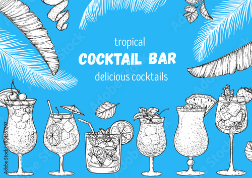 Alcoholic cocktails frame. Hand drawn vector illustration. Tropical Cocktails sketch set. Engraved style.