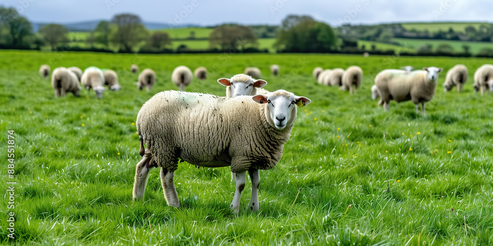 Flock of Sheep Grazing in a Lush Green Meadow on Farmland Flock of Sheep Grazing in a Lush Green Meadow on Farmland