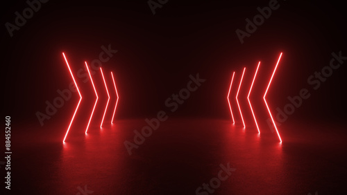 Red neon arrows illuminate a dark space. The glow of the arrows casts a red light on the floor.