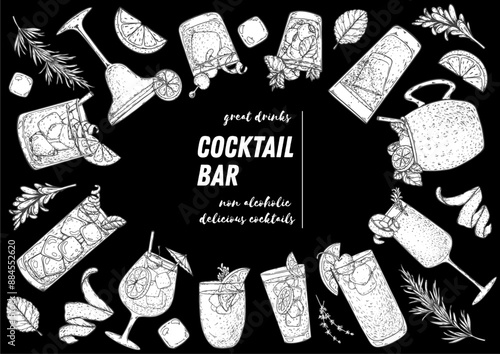 Alcoholic cocktails frame. Hand drawn vector illustration. Cocktails sketch set. Engraved style.