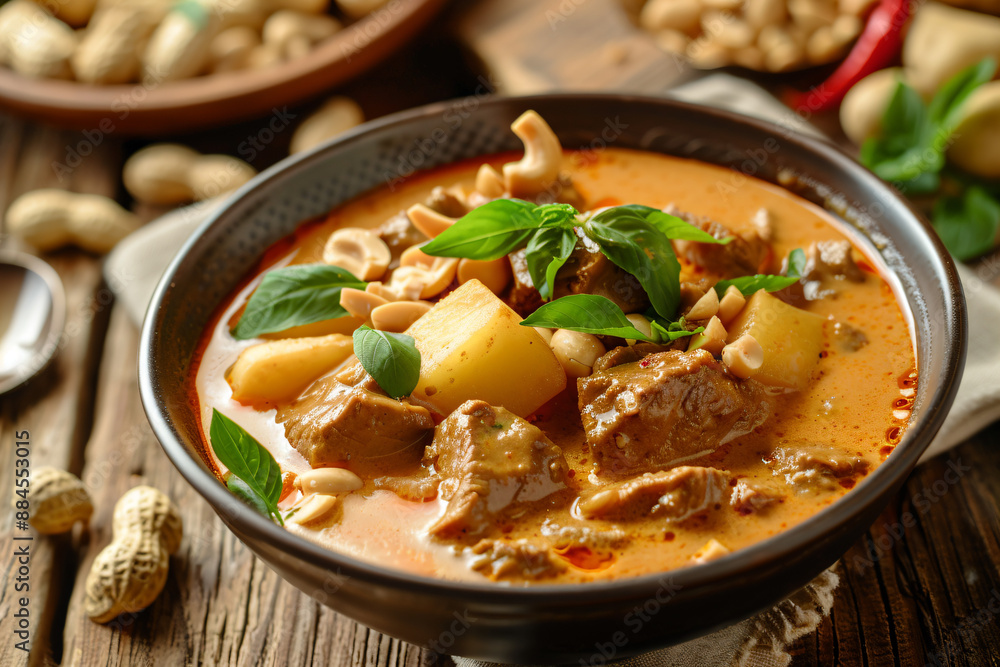 Delicious Thai Beef Massaman Curry with Potatoes, Peanuts, and Basil. Delicious Thai Beef Massaman Curry with Potatoes, Peanuts, and Basil.