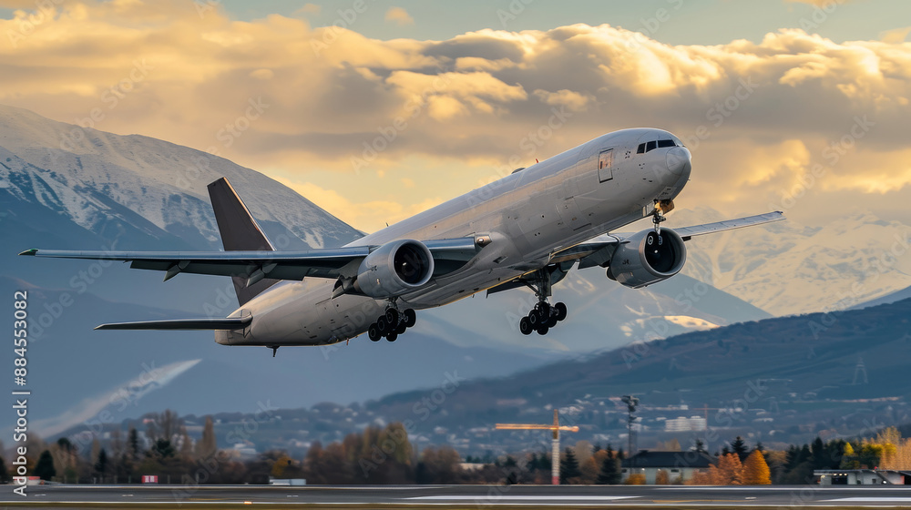 A large passenger plane taking off from an airport runway with a mountain range in the background. A large passenger plane taking off from an airport runway with a mountain range in the background.