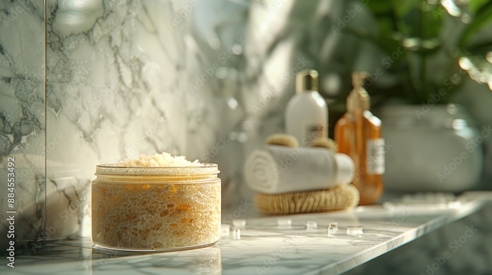 A shower shelf scene highlighting a scalp scrub jar, emphasizing its exfoliating and refreshing effect. A shower shelf scene highlighting a scalp scrub jar, emphasizing its exfoliating and refreshing effect.
