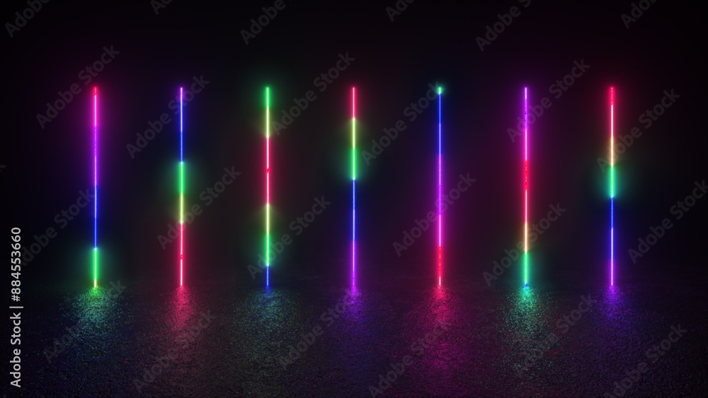 Multiple colored neon lights illuminate a dark, shadowy background. Multiple colored neon lights illuminate a dark, shadowy background.