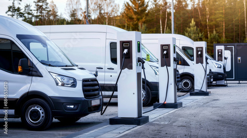A row of electric vans are plugged in and charging at a public charging station.