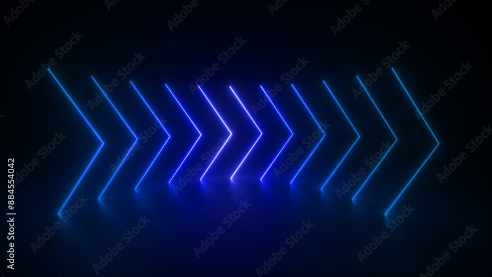 Naklejka premium A series of blue neon arrows point right, creating a modern, abstract design.