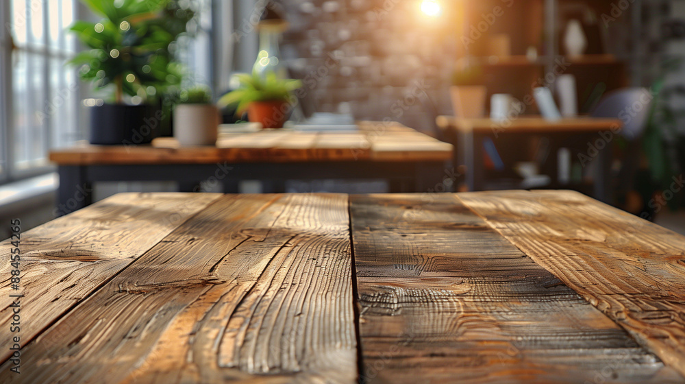 Sunlit Rustic Wooden Table in Industrial Office with Green Plants Sunlit Rustic Wooden Table in Industrial Office with Green Plants