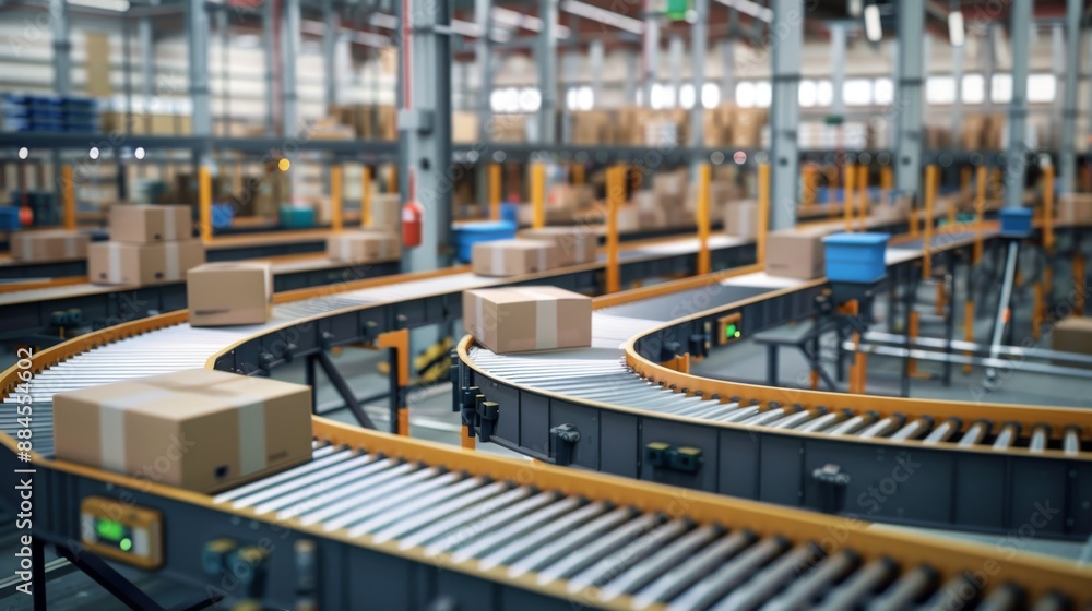 Fototapeta premium Automated conveyor belt system in a modern distribution warehouse.