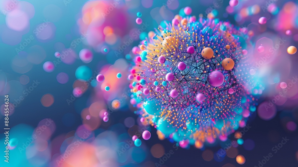 3D sphere made of colorful dots bursts open. 3D sphere made of colorful dots bursts open.