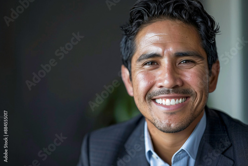 A smiling Hispanic businessman in a professional setting exuding confidence and success.