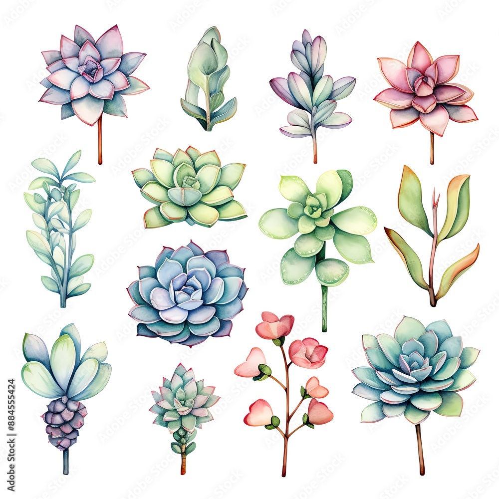 Fototapeta premium A beautiful watercolor illustration featuring various succulent plants, showcasing vibrant colors and intricate details.