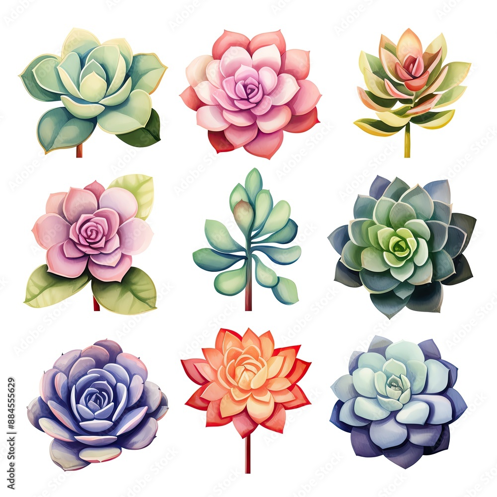 Fototapeta premium A colorful collection of nine succulent illustrations. Each succulent showcases unique shapes and vibrant hues, perfect for creative projects.