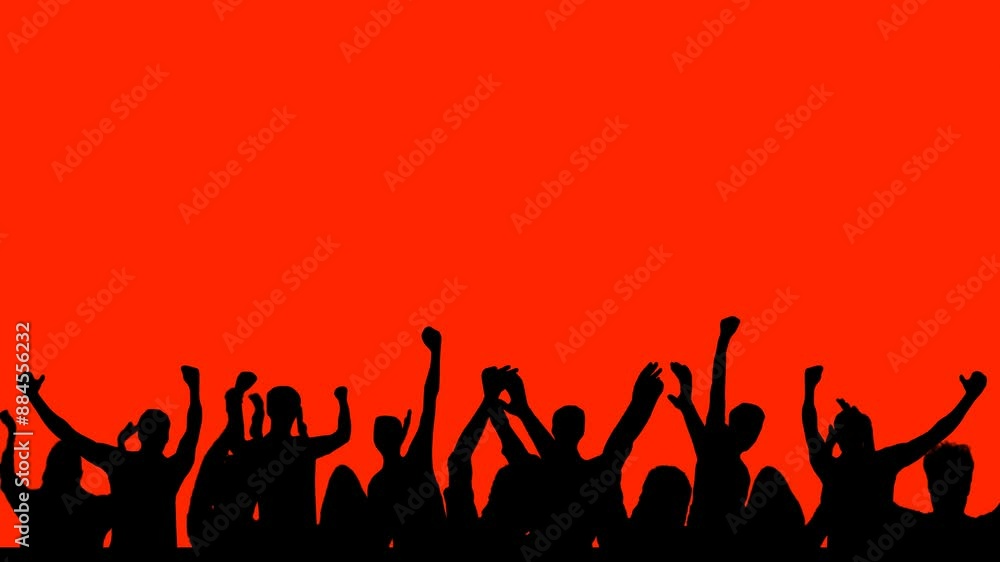 Silhouette Animation of Large Crowd of People Having Fun, Cheering, Clapping and Partying. Silhouette Over Red Sails. Silhouette Animation of Large Crowd of People Having Fun, Cheering, Clapping and Partying. Silhouette Over Red Sails.
