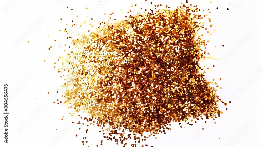 A mix of gold and copper glitter is smeared into a circle on a white background. The glitter shimmers and glows, creating an abstract, shiny effect. A mix of gold and copper glitter is smeared into a circle on a white background. The glitter shimmers and glows, creating an abstract, shiny effect.