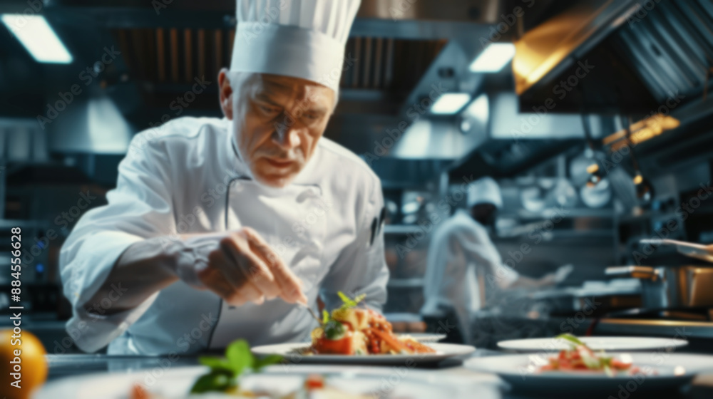 Blurred image chef meticulously plating a dish in a kitchen Blurred image chef meticulously plating a dish in a kitchen