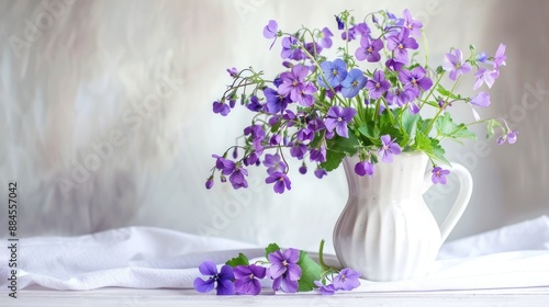Spring bouquet of sweet violet flowers in vase on white background Studio photo of decorative still life with purple and blue flowers in a jug