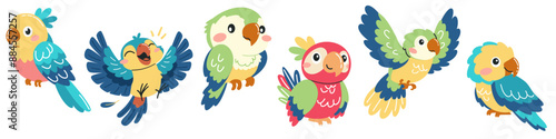 Set of vector illustrations in children's style. Cute cartoon parrots in different poses . Vector illustration