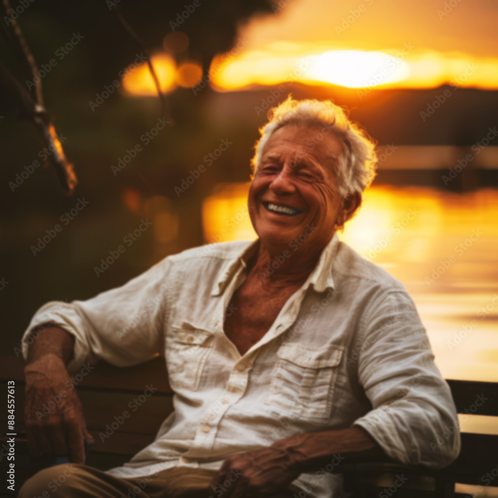 Blurred image elderly man smiling by the lake at sunset Blurred image elderly man smiling by the lake at sunset