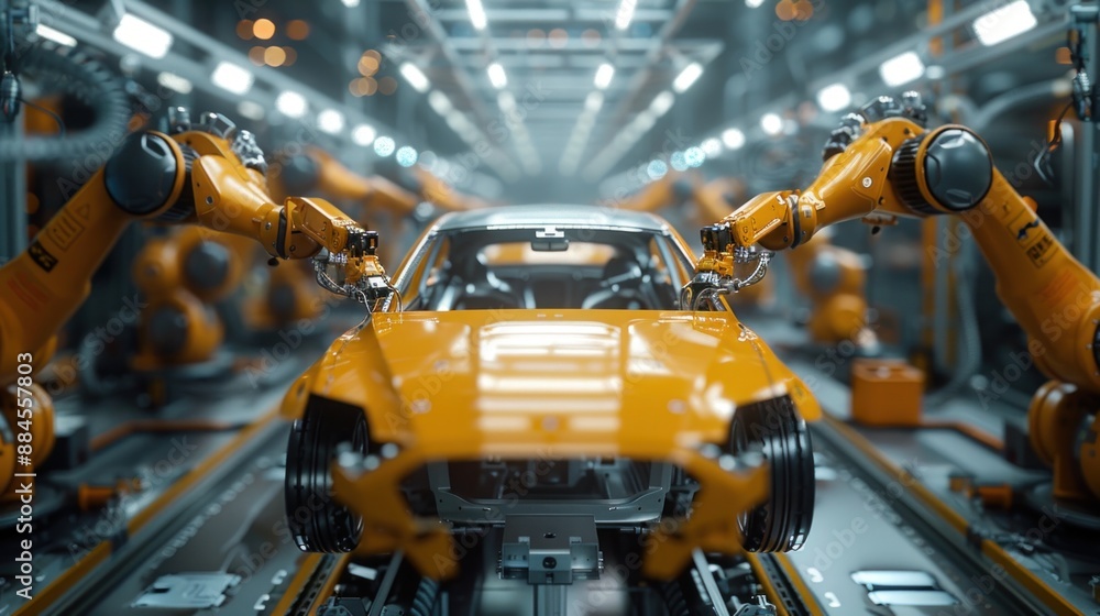 Robotic arms assembling car frames on a production line in an automotive factory, with advanced machinery and precise movements.