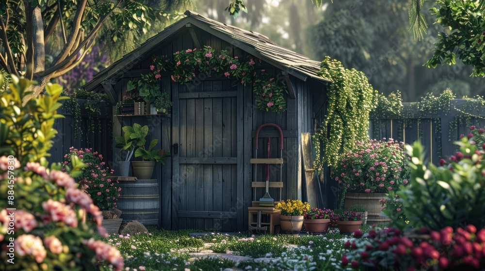 A garden shed with tools and potted plants in a summer garden, surrounded by blooming flowers. A garden shed with tools and potted plants in a summer garden, surrounded by blooming flowers.