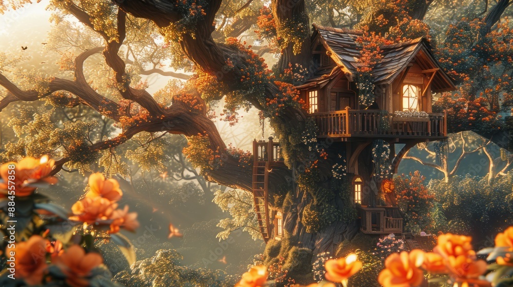 Fototapeta premium A treehouse nestled in the branches of a large tree in a summer garden, surrounded by lush foliage.