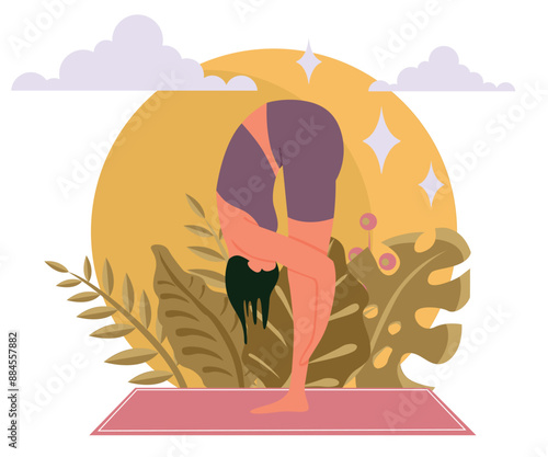 Yoga class outdoors. Woman against a background of sunset and leaves. Uttanasana position. Website design, articles, studios. Minimalistic vector illustration.